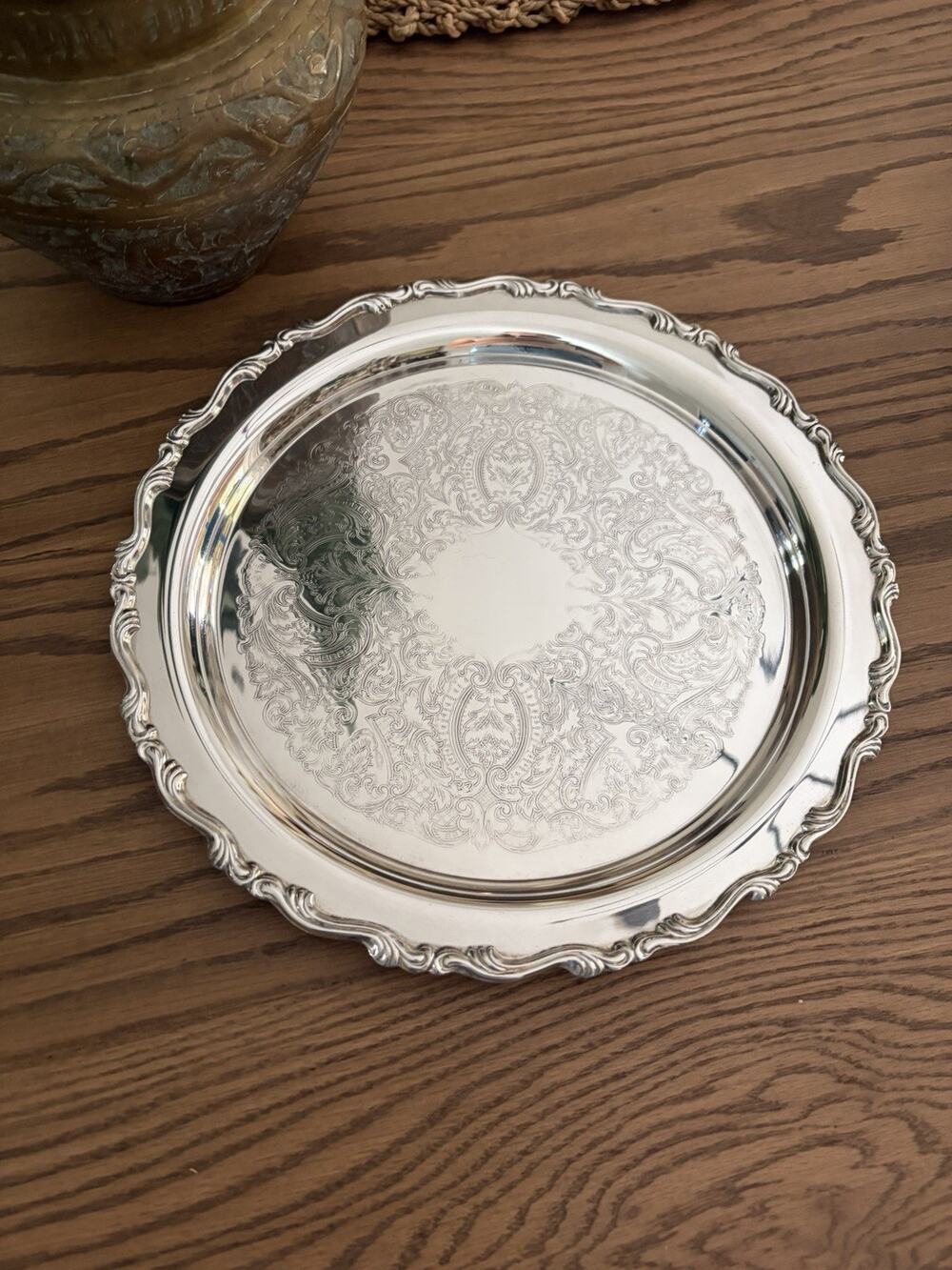 Vintage Oneida 12” Round Serving Tray Georgian Scroll Ornate Silver Tray